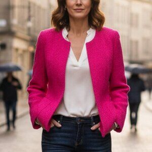 J. Crew Factory 'Astrid' Wool Boucle Tweed Collarless Blazer in Hot Pink Size 10